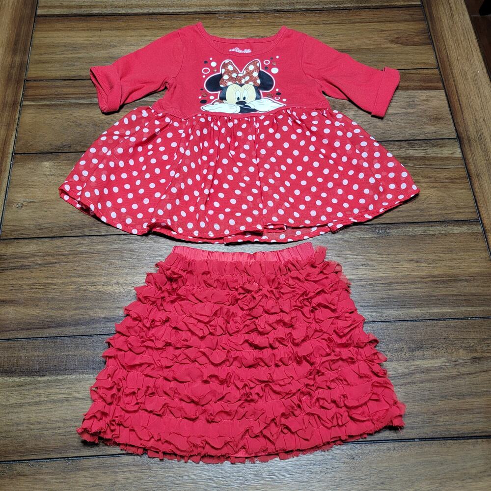 2Pc Red Toddler Outfit: Disney LS Minnie Top, Old Navy Ruffle Skirt -Size 3T, 2T